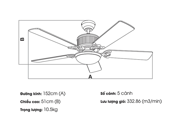 Quạt trần đèn phù hợp với không gian trên 3m