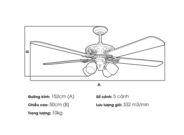 Quạt trần đèn phù hợp với không gian trên 3m